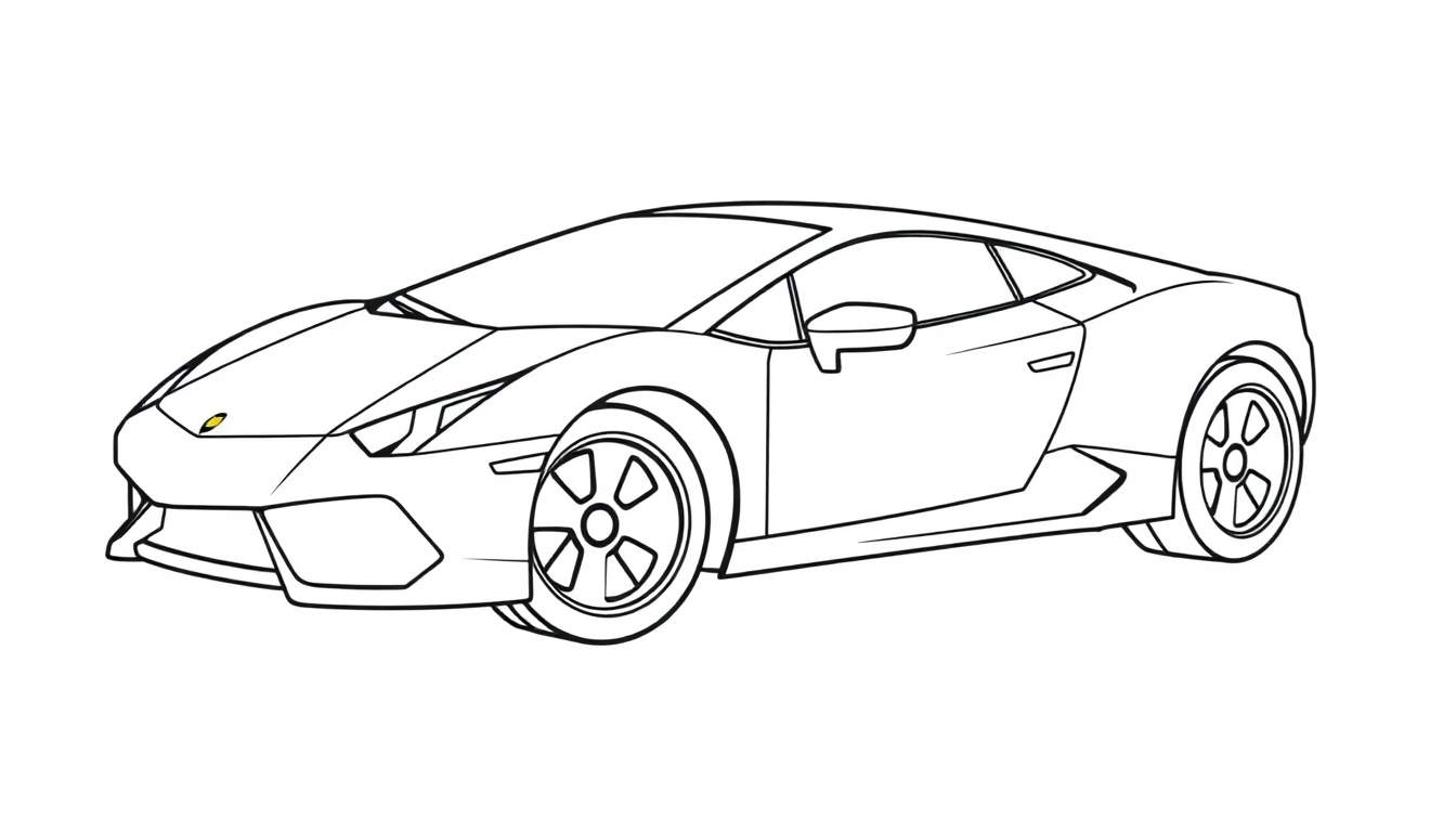 A cute black and white Lamborghini Huracan drawing, a color panel for kids with big wheels and smiling headlights.