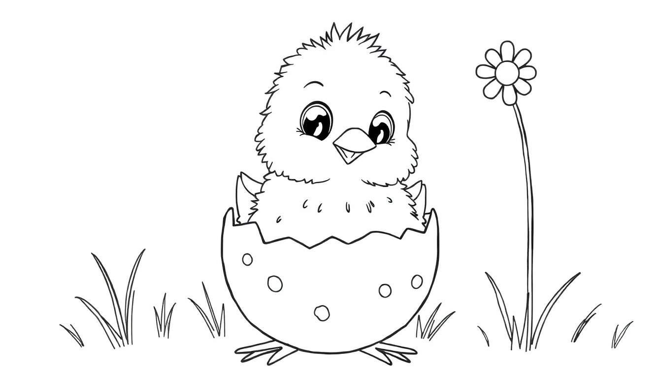 A black and white line drawing of a fluffy baby chick emerging from a cracked egg, ready for a color panel.