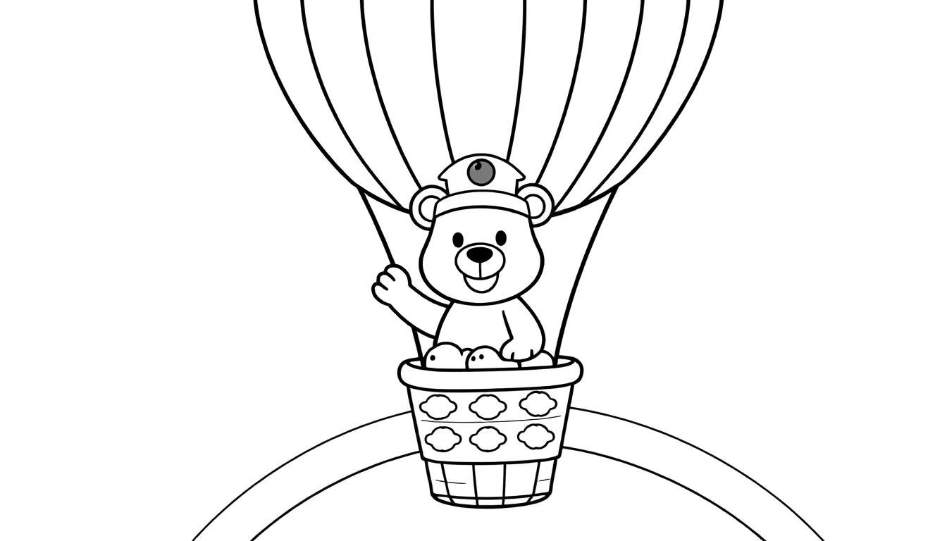A black and white line drawing of a cartoon teddy bear in a hot air balloon basket waving.