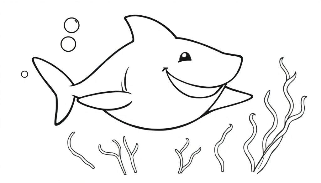 A friendly cartoon shark in a black and white coloring panel, smiling.