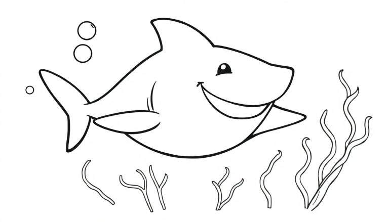 A friendly cartoon shark in a black and white coloring panel, smiling.