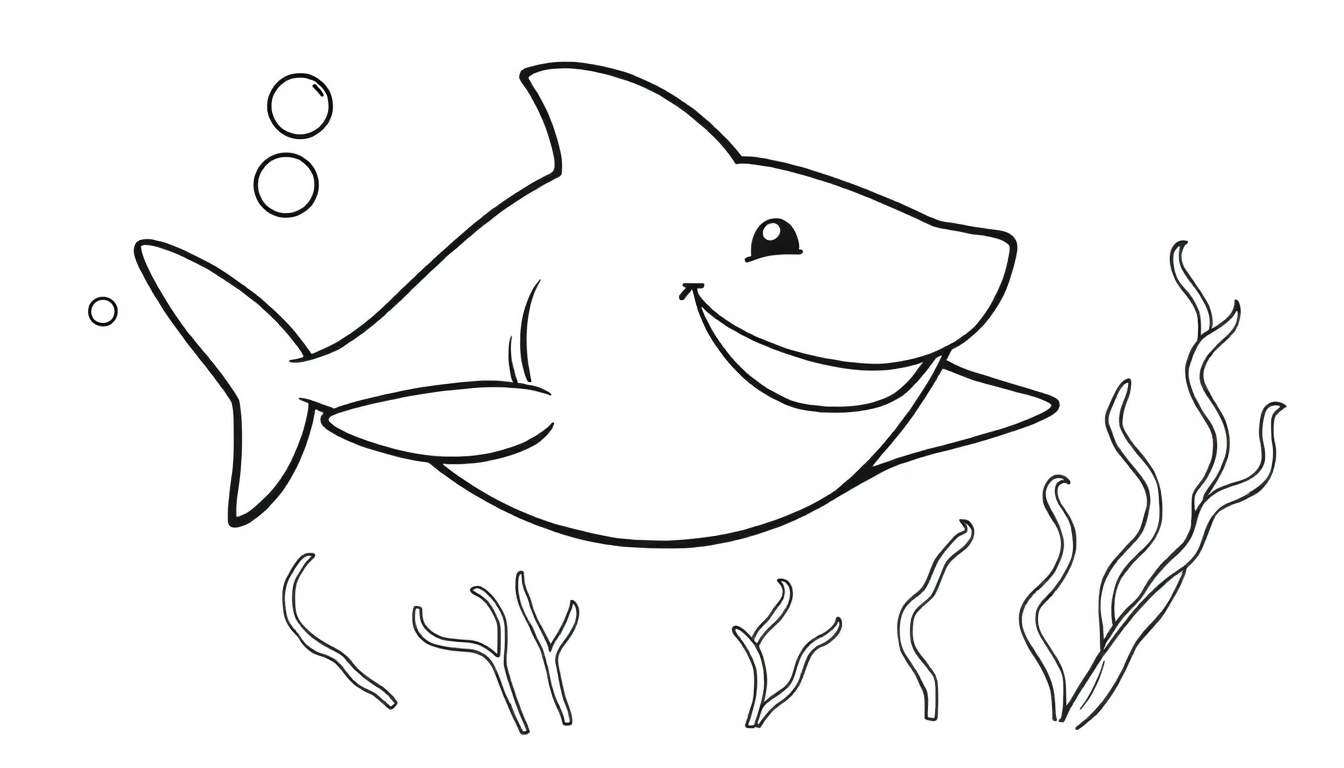 A friendly cartoon shark in a black and white coloring panel, smiling.