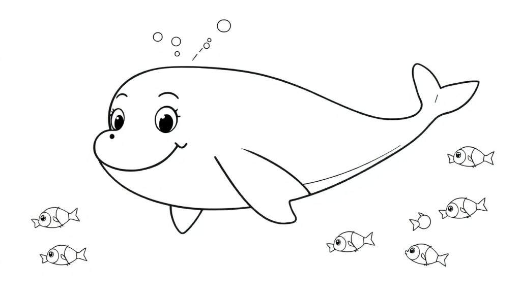 A happy dolphin swims with small fish in a black and white color panel.