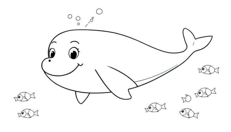 A happy dolphin swims with small fish in a black and white color panel.