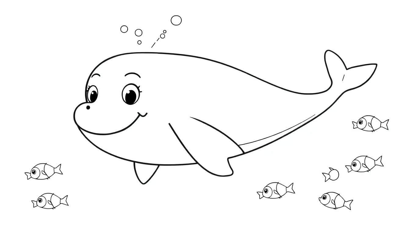 A happy dolphin swims with small fish in a black and white color panel.
