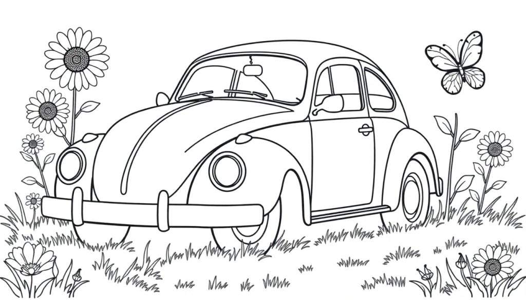 A cute black and white Volkswagen Beetle ready for coloring, parked among sunflowers with a butterfly, a delightful color panel.