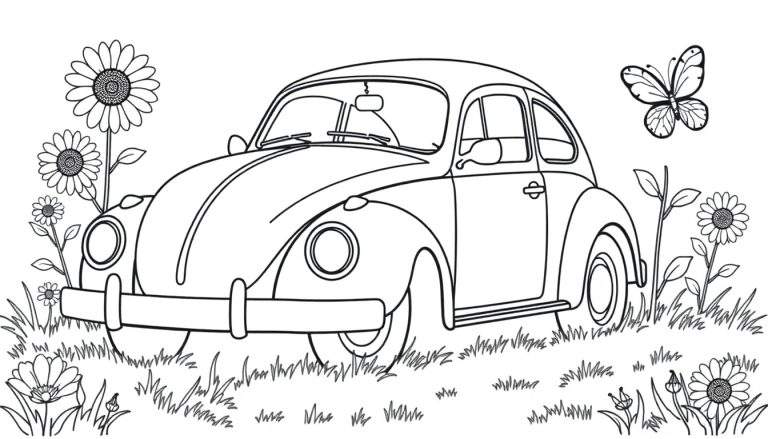 A cute black and white Volkswagen Beetle ready for coloring, parked among sunflowers with a butterfly, a delightful color panel.