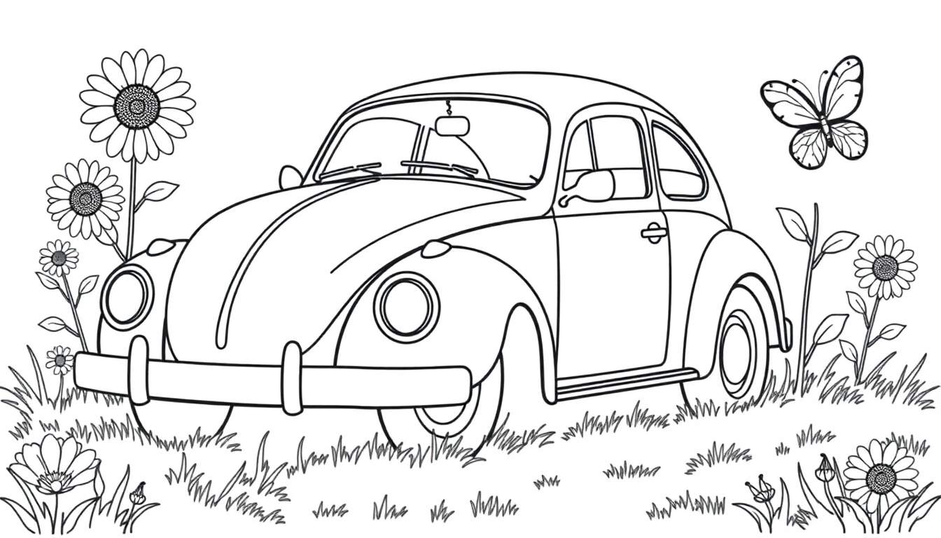 A cute black and white Volkswagen Beetle ready for coloring, parked among sunflowers with a butterfly, a delightful color panel.