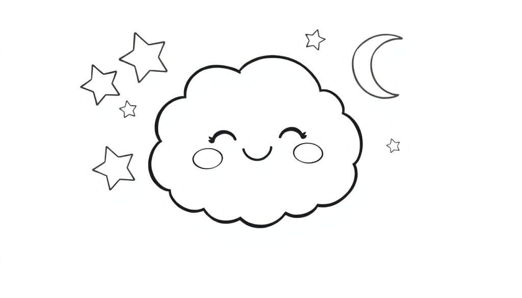 A cute baby cloud named Puff smiling happily in a black and white color panel, surrounded by twinkling stars and a gentle crescent moon.