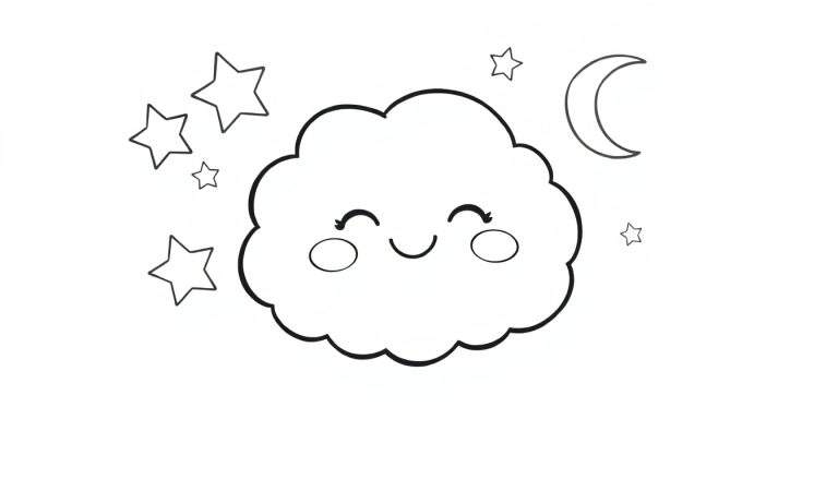 A cute baby cloud named Puff smiling happily in a black and white color panel, surrounded by twinkling stars and a gentle crescent moon.