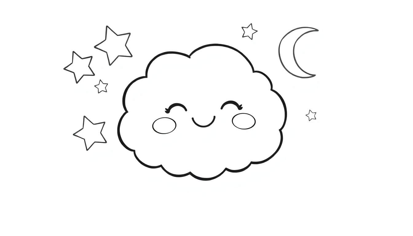 A cute baby cloud named Puff smiling happily in a black and white color panel, surrounded by twinkling stars and a gentle crescent moon.
