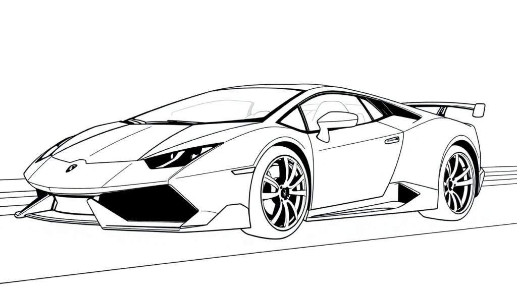 A black and white outline of a Lamborghini Huracan sports car, ready for a color panel adventure!