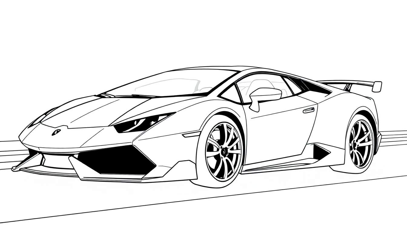 A black and white outline of a Lamborghini Huracan sports car, ready for a color panel adventure!