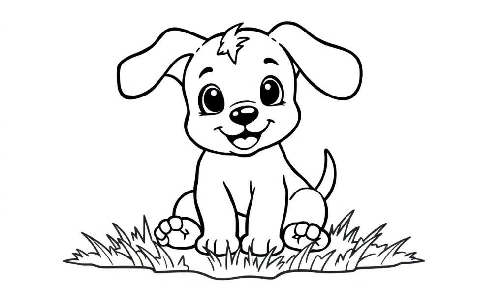 A cute cartoon puppy in a grass color panel, ready to be colored.
