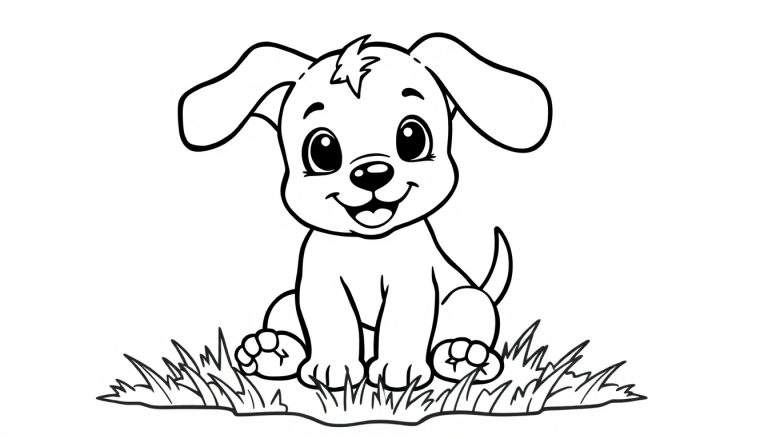 A cute cartoon puppy in a grass color panel, ready to be colored.