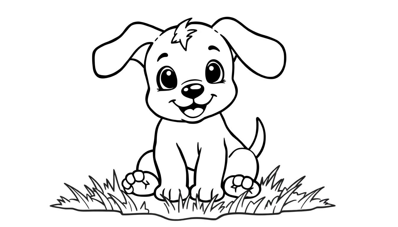 A cute cartoon puppy in a grass color panel, ready to be colored.