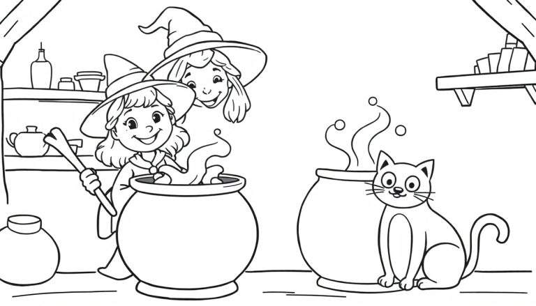 A black and white color panel of a young witch stirring a cauldron with a friend looking on, a cat by another cauldron, and shelves filled with witchy supplies.