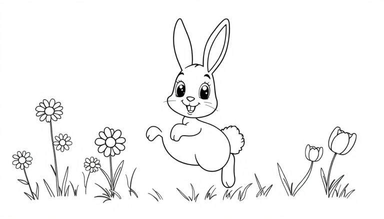A cute bunny hopping through a flower field color panel.