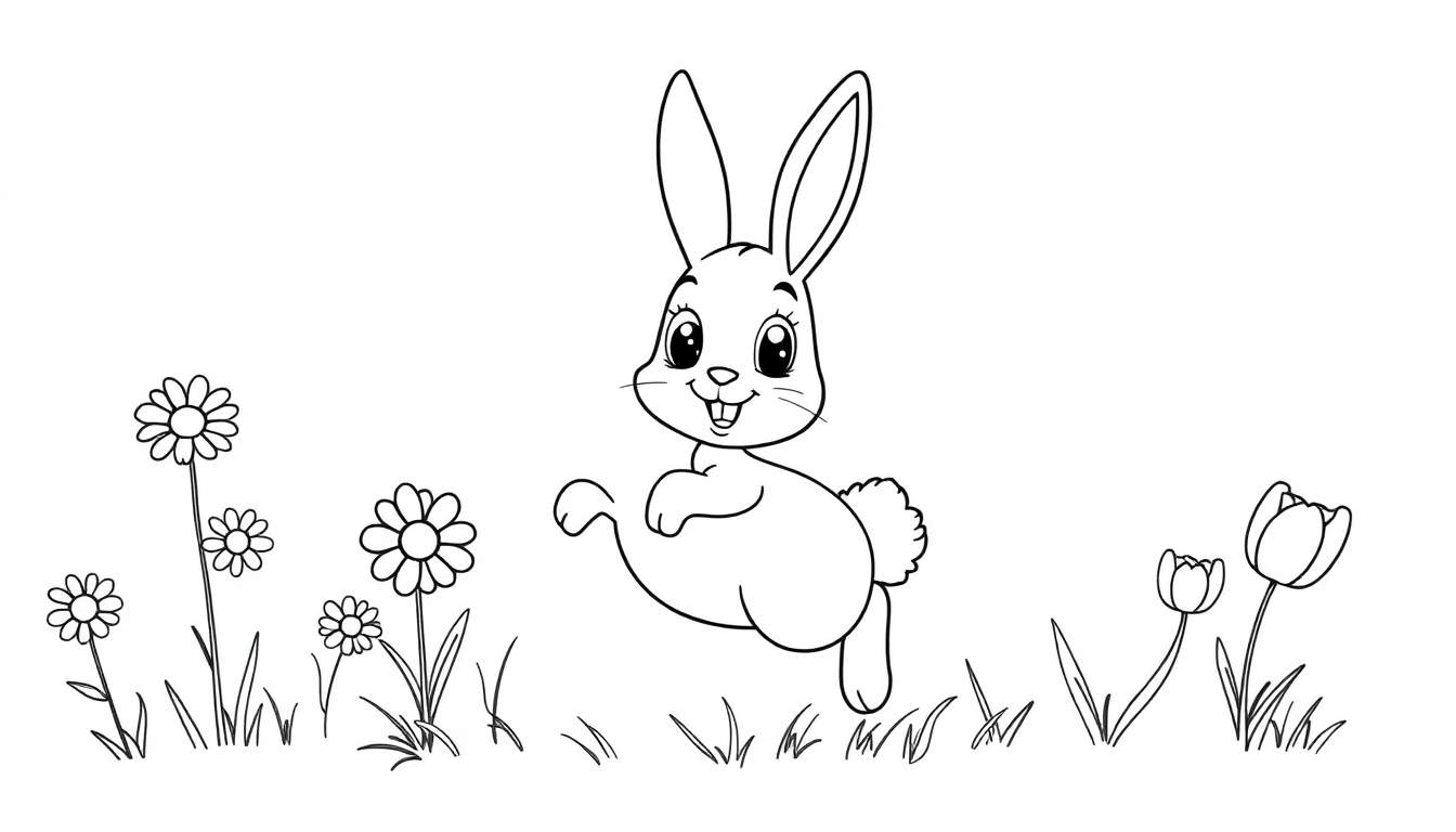 A cute bunny hopping through a flower field color panel.