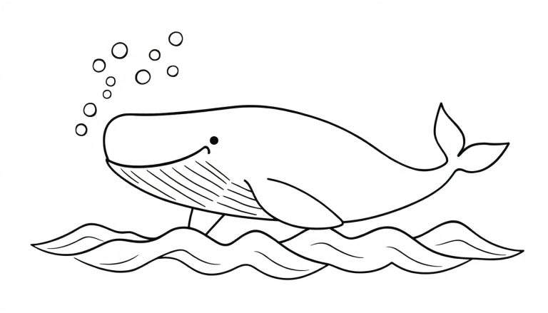 A friendly humpback whale, ready for a color panel adventure, swimming joyfully through stylized waves with bubbles. This color panel image is perfect for little artists!