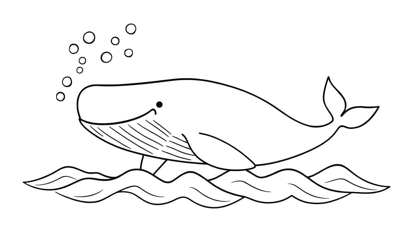 A friendly humpback whale, ready for a color panel adventure, swimming joyfully through stylized waves with bubbles. This color panel image is perfect for little artists!