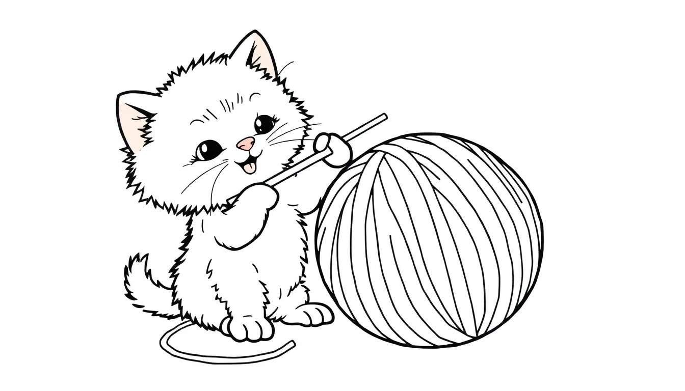 A cartoon drawing of a fluffy white kitten playing with a ball of yarn.