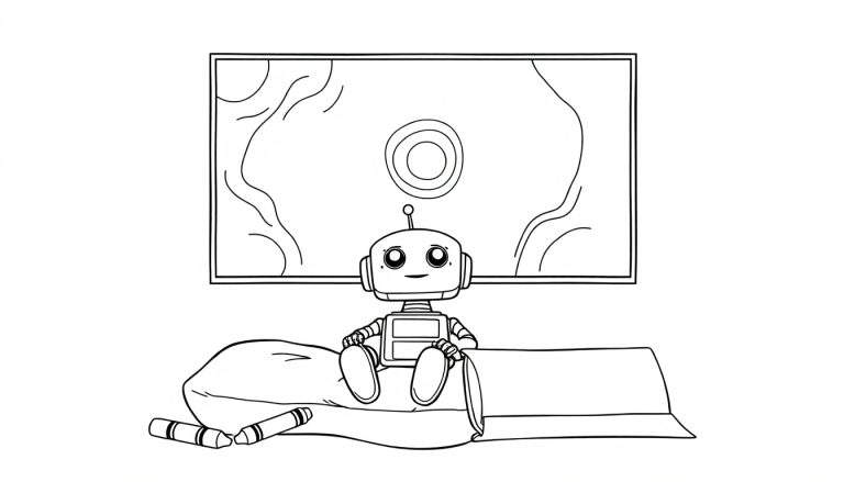 Cute robot coloring panel with crayons.
