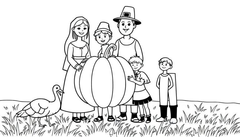 Pilgrim family coloring panel with a turkey and pumpkin.