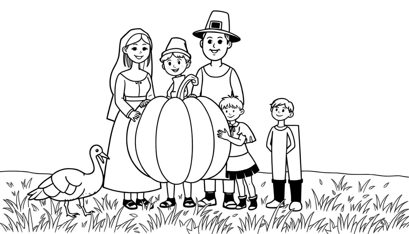 Pilgrim family coloring panel with a turkey and pumpkin.
