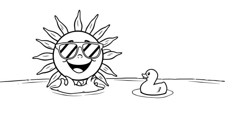 A smiling sun wearing sunglasses floats in water with a rubber ducky nearby, a fun color panel for kids.