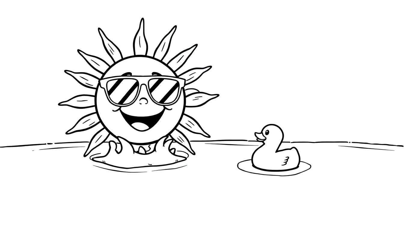 A smiling sun wearing sunglasses floats in water with a rubber ducky nearby, a fun color panel for kids.