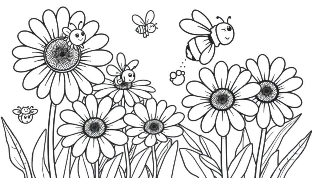 A black and white color panel illustration of a daisy field with happy cartoon bees flying and resting, ready for coloring. 🌼🐝