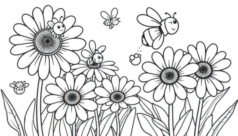 A black and white color panel illustration of a daisy field with happy cartoon bees flying and resting, ready for coloring. 🌼🐝