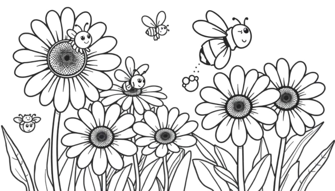 A black and white color panel illustration of a daisy field with happy cartoon bees flying and resting, ready for coloring. 🌼🐝