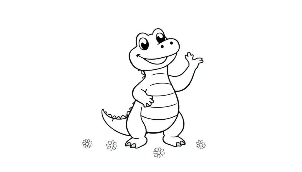 A cute cartoon alligator, ready for a color panel, waving hello with a friendly smile.