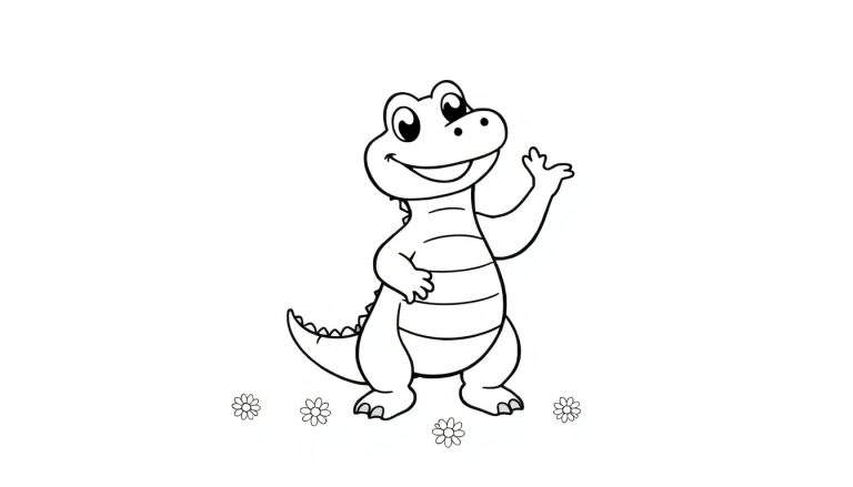 A cute cartoon alligator, ready for a color panel, waving hello with a friendly smile.
