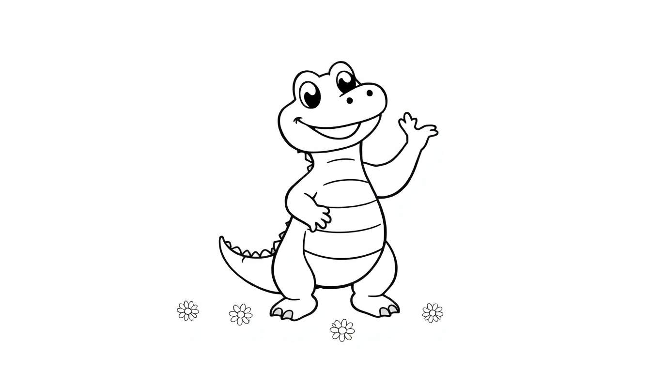 A cute cartoon alligator, ready for a color panel, waving hello with a friendly smile.