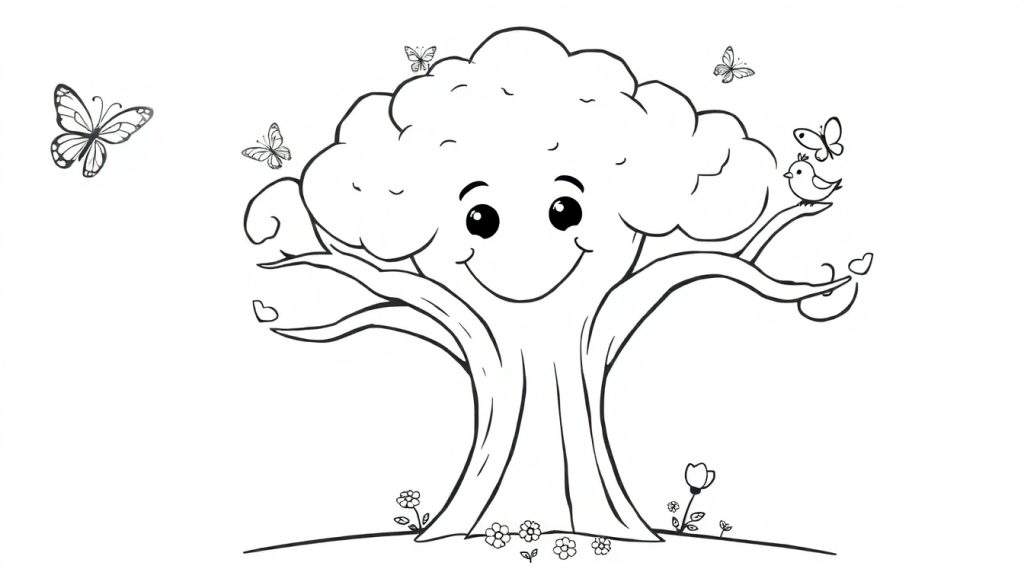 A happy tree coloring panel with a smiling face, butterflies, and flowers.