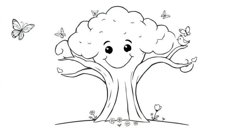 A happy tree coloring panel with a smiling face, butterflies, and flowers.