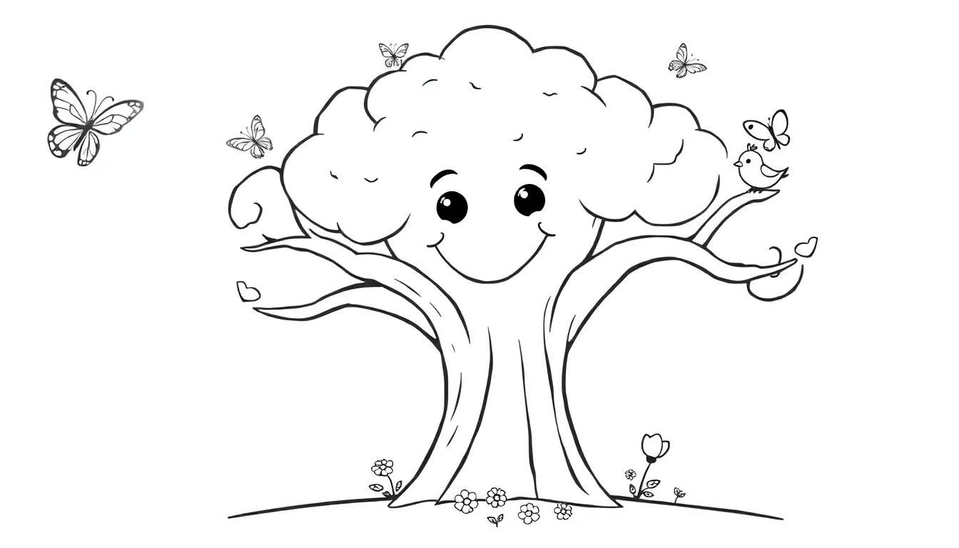 A happy tree coloring panel with a smiling face, butterflies, and flowers.