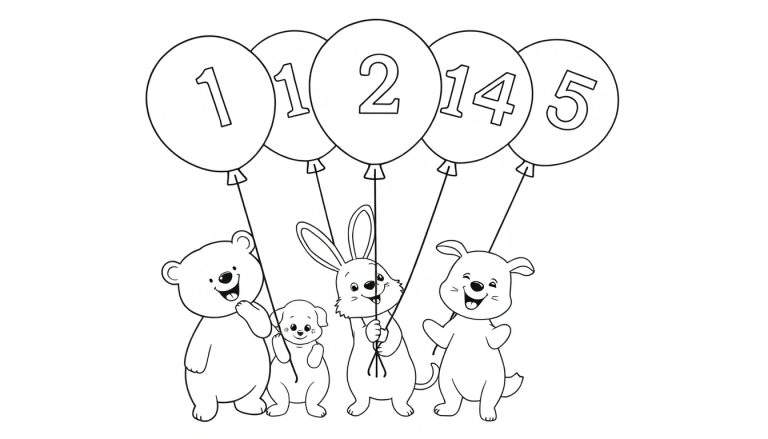A black and white color panel featuring happy animals and numbered balloons.