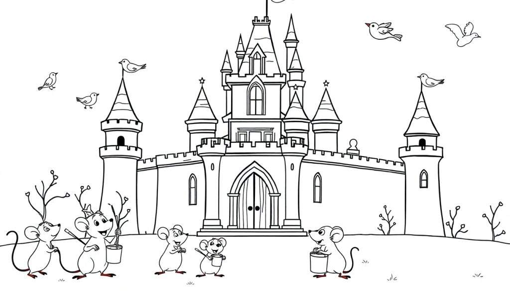 A black and white coloring page of a castle with mice and birds, a fun color panel for kids.
