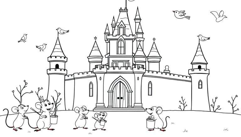 A black and white coloring page of a castle with mice and birds, a fun color panel for kids.