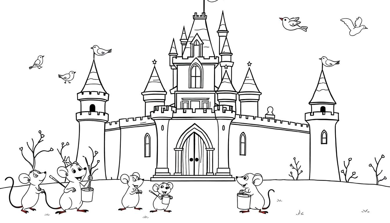 A black and white coloring page of a castle with mice and birds, a fun color panel for kids.