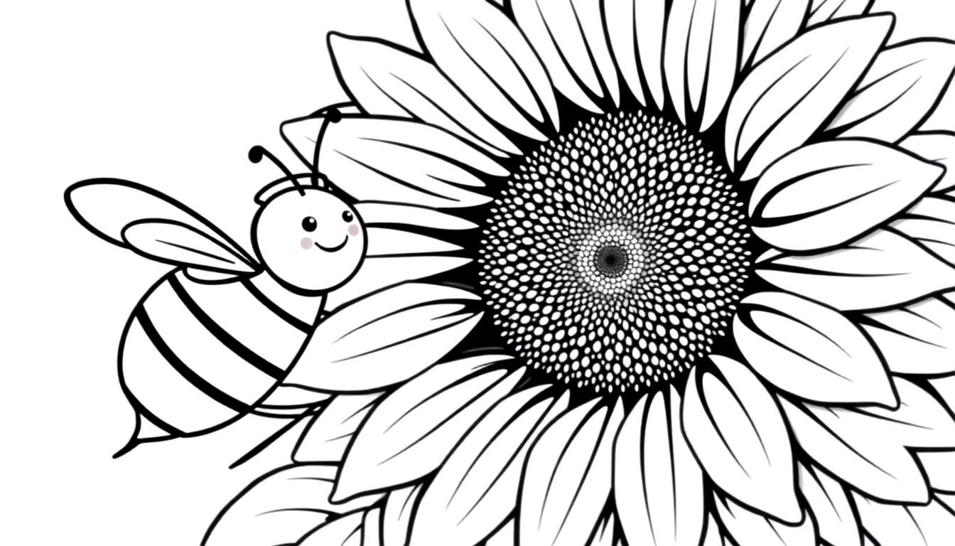 A simple line drawing of a happy bumblebee flying towards a large sunflower.