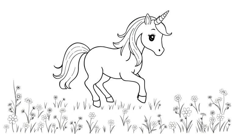 A cute unicorn with a flowing mane and tail, prancing in a field of flowers. This black and white color panel is ready for imagination!