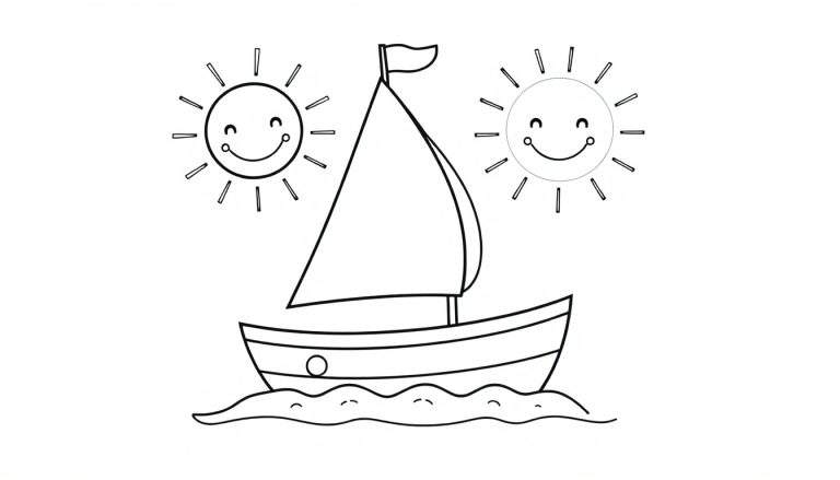 A black and white sailboat color panel with two smiling suns and wavy water.