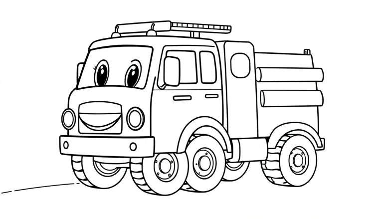 A friendly cartoon fire truck with big eyes and a smile, ready for coloring on a black and white color panel.