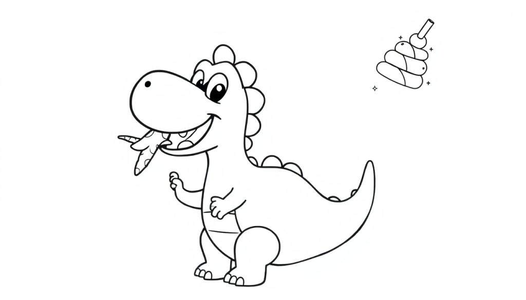 A black and white illustration of a friendly dinosaur near a colorful stacking toy, ready for coloring. This color panel is a fun activity.