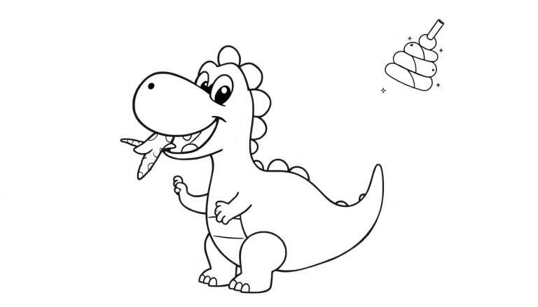 A black and white illustration of a friendly dinosaur near a colorful stacking toy, ready for coloring. This color panel is a fun activity.